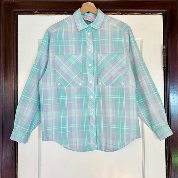 Vintage Turquoise Blue and Purple Plaid Button Down Shirt -- Size Medium - Picture 1 of 4